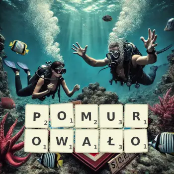 Kreatywna ilustracja do gry w Scrabble ze słowem POMUROWAŁO ułożonym z płytek na planszy.