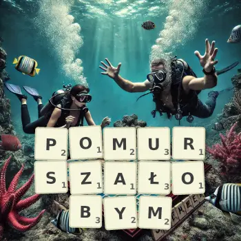 Kreatywna ilustracja do gry w Scrabble ze słowem POMURSZAŁOBYM ułożonym z płytek na planszy.