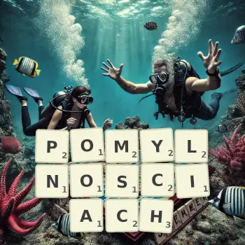 Kreatywna ilustracja do gry w Scrabble ze słowem POMYLNOSCIACH ułożonym z płytek na planszy.