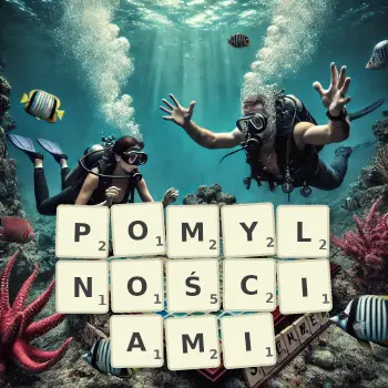 Kreatywna ilustracja do gry w Scrabble ze słowem POMYLNOŚCIAMI ułożonym z płytek na planszy.