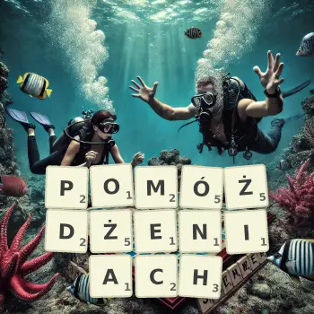 Kreatywna ilustracja do gry w Scrabble ze słowem POMÓŻDŻENIACH ułożonym z płytek na planszy.
