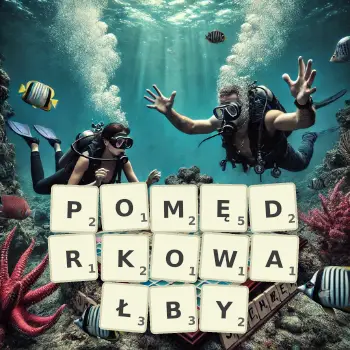 Kreatywna ilustracja do gry w Scrabble ze słowem POMĘDRKOWAŁBY ułożonym z płytek na planszy.
