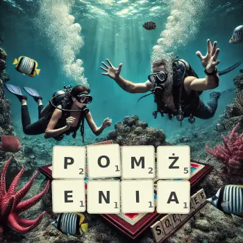 Kreatywna ilustracja do gry w Scrabble ze słowem POMŻENIA ułożonym z płytek na planszy.