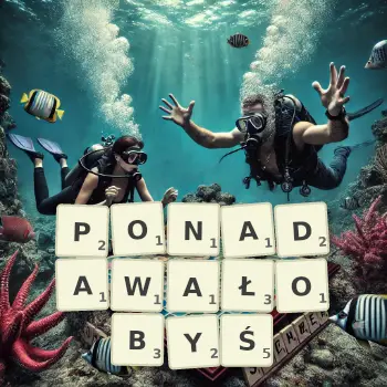 Kreatywna ilustracja do gry w Scrabble ze słowem PONADAWAŁOBYŚ ułożonym z płytek na planszy.