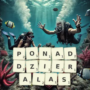 Kreatywna ilustracja do gry w Scrabble ze słowem PONADDZIERALAS ułożonym z płytek na planszy.