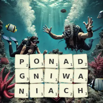 Kreatywna ilustracja do gry w Scrabble ze słowem PONADGNIWANIACH ułożonym z płytek na planszy.
