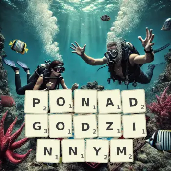 Kreatywna ilustracja do gry w Scrabble ze słowem PONADGODZINNYM ułożonym z płytek na planszy.