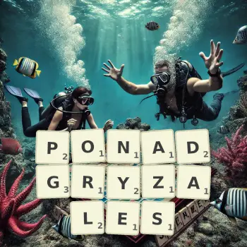 Kreatywna ilustracja do gry w Scrabble ze słowem PONADGRYZALES ułożonym z płytek na planszy.