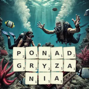 Kreatywna ilustracja do gry w Scrabble ze słowem PONADGRYZANIA ułożonym z płytek na planszy.