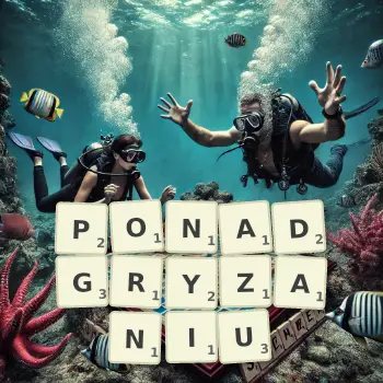Kreatywna ilustracja do gry w Scrabble ze słowem PONADGRYZANIU ułożonym z płytek na planszy.