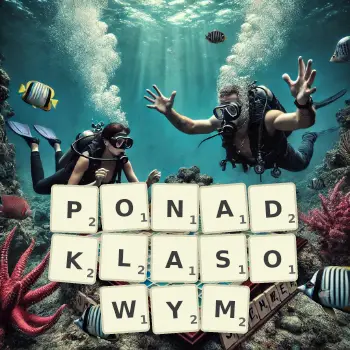 Kreatywna ilustracja do gry w Scrabble ze słowem PONADKLASOWYM ułożonym z płytek na planszy.