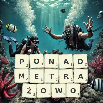Kreatywna ilustracja do gry w Scrabble ze słowem PONADMETRAŻOWO ułożonym z płytek na planszy.