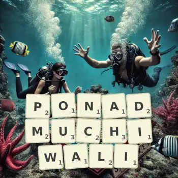 Kreatywna ilustracja do gry w Scrabble ze słowem PONADMUCHIWALI ułożonym z płytek na planszy.