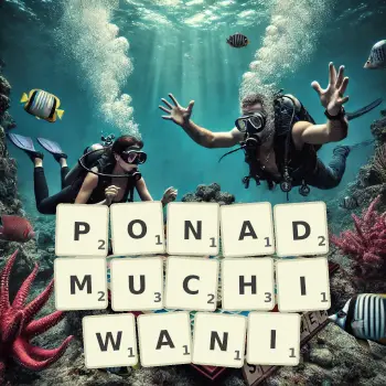 Kreatywna ilustracja do gry w Scrabble ze słowem PONADMUCHIWANI ułożonym z płytek na planszy.
