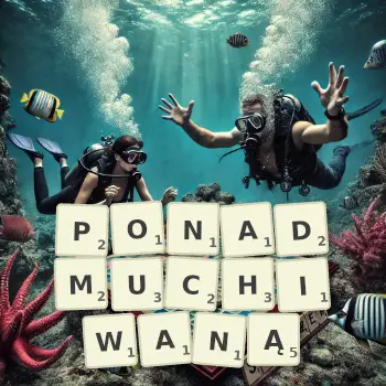 Kreatywna ilustracja do gry w Scrabble ze słowem PONADMUCHIWANĄ ułożonym z płytek na planszy.