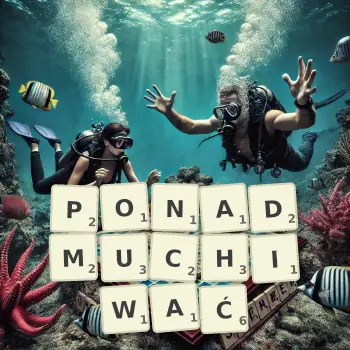 Kreatywna ilustracja do gry w Scrabble ze słowem PONADMUCHIWAĆ ułożonym z płytek na planszy.