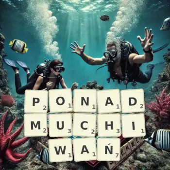 Kreatywna ilustracja do gry w Scrabble ze słowem PONADMUCHIWAŃ ułożonym z płytek na planszy.