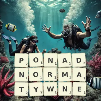 Kreatywna ilustracja do gry w Scrabble ze słowem PONADNORMATYWNE ułożonym z płytek na planszy.
