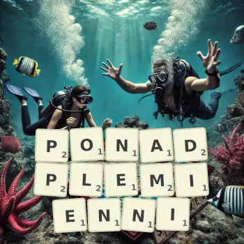Kreatywna ilustracja do gry w Scrabble ze słowem PONADPLEMIENNI ułożonym z płytek na planszy.