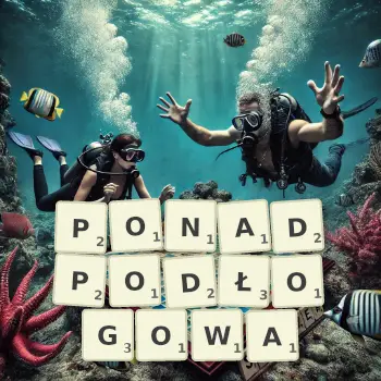 Kreatywna ilustracja do gry w Scrabble ze słowem PONADPODŁOGOWA ułożonym z płytek na planszy.