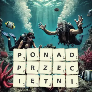 Kreatywna ilustracja do gry w Scrabble ze słowem PONADPRZECIĘTNI ułożonym z płytek na planszy.