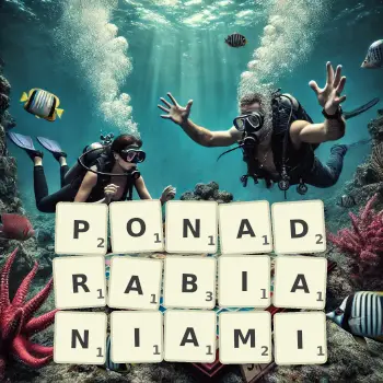 Kreatywna ilustracja do gry w Scrabble ze słowem PONADRABIANIAMI ułożonym z płytek na planszy.