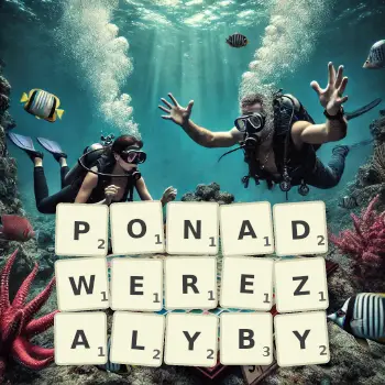 Kreatywna ilustracja do gry w Scrabble ze słowem PONADWEREZALYBY ułożonym z płytek na planszy.