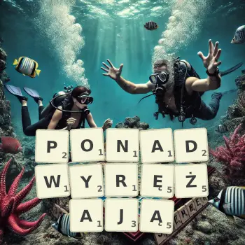 Kreatywna ilustracja do gry w Scrabble ze słowem PONADWYRĘŻAJĄ ułożonym z płytek na planszy.