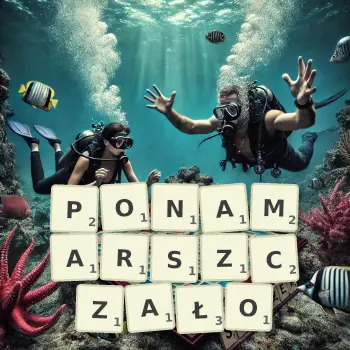 Kreatywna ilustracja do gry w Scrabble ze słowem PONAMARSZCZAŁO ułożonym z płytek na planszy.