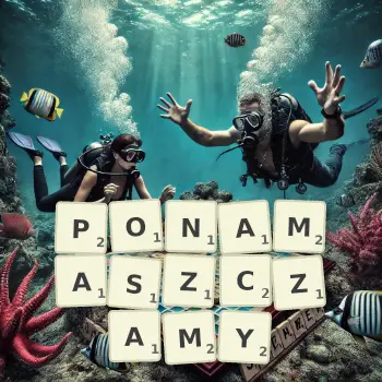 Kreatywna ilustracja do gry w Scrabble ze słowem PONAMASZCZAMY ułożonym z płytek na planszy.