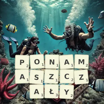 Kreatywna ilustracja do gry w Scrabble ze słowem PONAMASZCZAŁY ułożonym z płytek na planszy.
