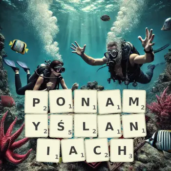 Kreatywna ilustracja do gry w Scrabble ze słowem PONAMYŚLANIACH ułożonym z płytek na planszy.