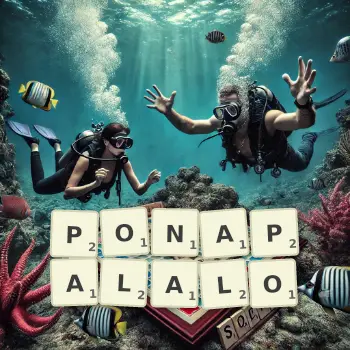 Kreatywna ilustracja do gry w Scrabble ze słowem PONAPALALO ułożonym z płytek na planszy.