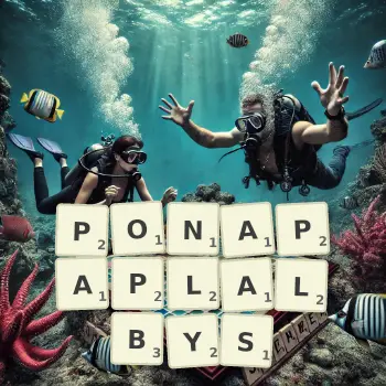 Kreatywna ilustracja do gry w Scrabble ze słowem PONAPAPLALBYS ułożonym z płytek na planszy.
