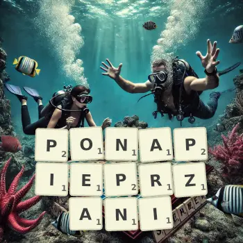 Kreatywna ilustracja do gry w Scrabble ze słowem PONAPIEPRZANI ułożonym z płytek na planszy.