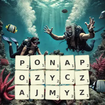 Kreatywna ilustracja do gry w Scrabble ze słowem PONAPOZYCZAJMYZ ułożonym z płytek na planszy.