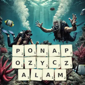 Kreatywna ilustracja do gry w Scrabble ze słowem PONAPOZYCZALAM ułożonym z płytek na planszy.
