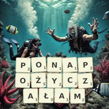Kreatywna ilustracja do gry w Scrabble ze słowem PONAPOŻYCZAŁAM ułożonym z płytek na planszy.