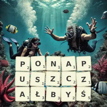 Kreatywna ilustracja do gry w Scrabble ze słowem PONAPUSZCZAŁBYŚ ułożonym z płytek na planszy.