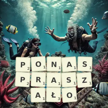 Kreatywna ilustracja do gry w Scrabble ze słowem PONASPRASZAŁO ułożonym z płytek na planszy.