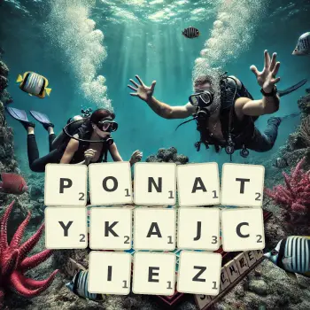 Kreatywna ilustracja do gry w Scrabble ze słowem PONATYKAJCIEZ ułożonym z płytek na planszy.