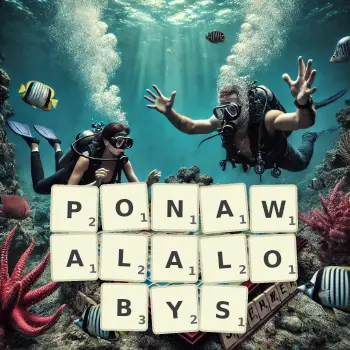 Kreatywna ilustracja do gry w Scrabble ze słowem PONAWALALOBYS ułożonym z płytek na planszy.