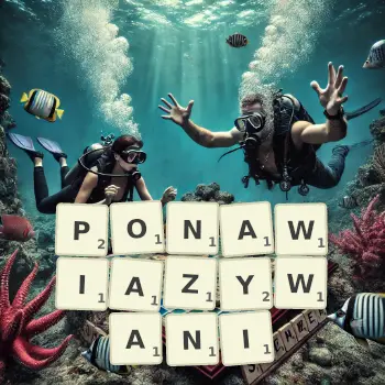 Kreatywna ilustracja do gry w Scrabble ze słowem PONAWIAZYWANI ułożonym z płytek na planszy.