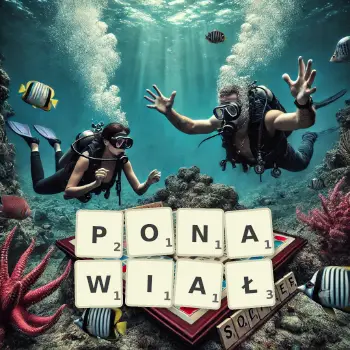 Kreatywna ilustracja do gry w Scrabble ze słowem PONAWIAŁ ułożonym z płytek na planszy.