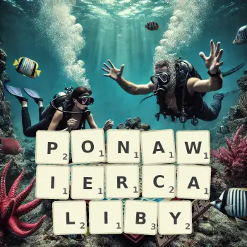 Kreatywna ilustracja do gry w Scrabble ze słowem PONAWIERCALIBY ułożonym z płytek na planszy.