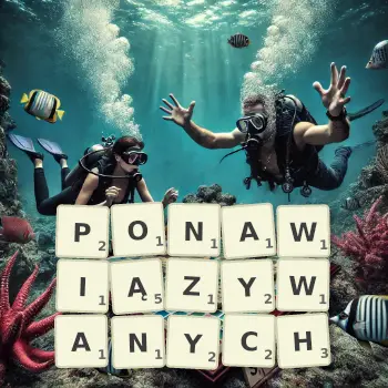Kreatywna ilustracja do gry w Scrabble ze słowem PONAWIĄZYWANYCH ułożonym z płytek na planszy.