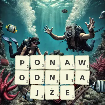 Kreatywna ilustracja do gry w Scrabble ze słowem PONAWODNIAJŻE ułożonym z płytek na planszy.
