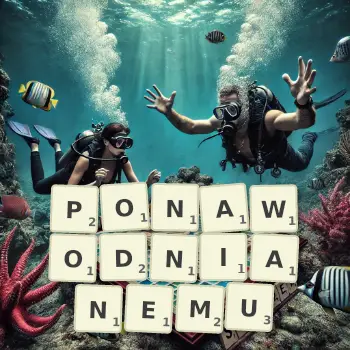 Kreatywna ilustracja do gry w Scrabble ze słowem PONAWODNIANEMU ułożonym z płytek na planszy.