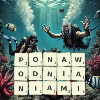 Kreatywna ilustracja do gry w Scrabble ze słowem PONAWODNIANIAMI ułożonym z płytek na planszy.