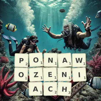 Kreatywna ilustracja do gry w Scrabble ze słowem PONAWOZENIACH ułożonym z płytek na planszy.